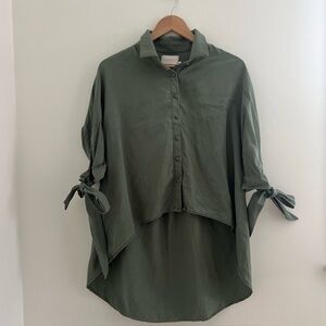 Sancia Buttondown Shirt Top High Low Sleeve Ties Army Green Oversize XS Tencel